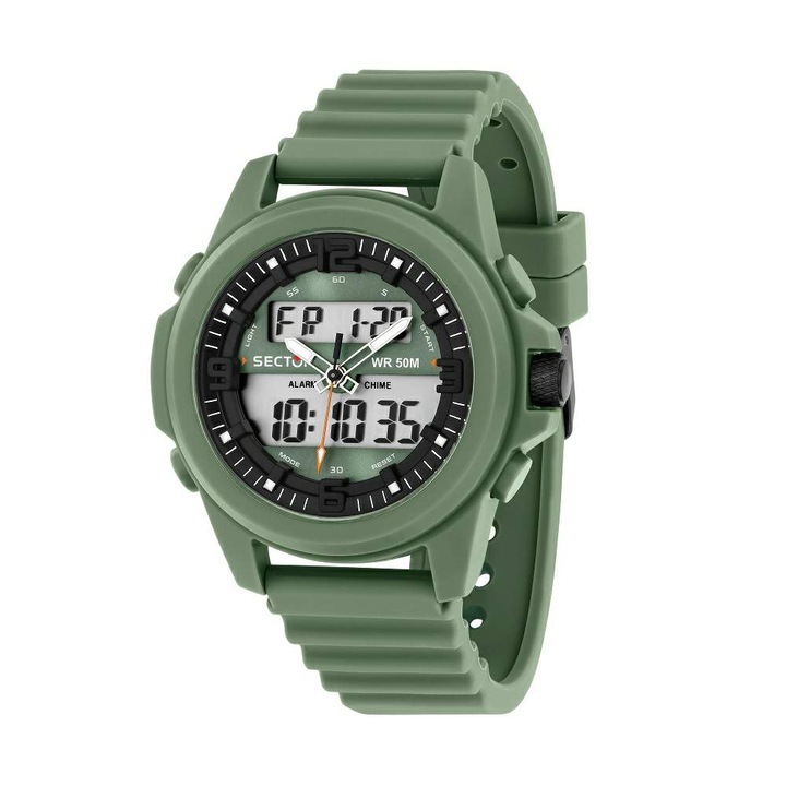 Ceas Sector Expander, analogic-digital, verde, curea silicon, 52mm