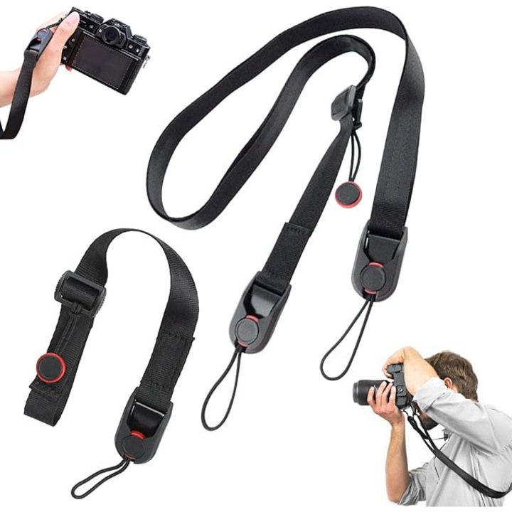 1 curea pentru camera + 1 curea de mana pentru camera, Tioialz®, cu sistem de inchidere rapida - curea de umar, curea pentru camera, curea de transport, curea de mana pentru camera - prindere flexibila si sigura