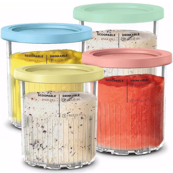 Set recipiente pentru inghetata Ninja Creami XSKPNTLID4EUK, 4х473 ml, Fara BPA, Etanse, Transparent / Multicolor