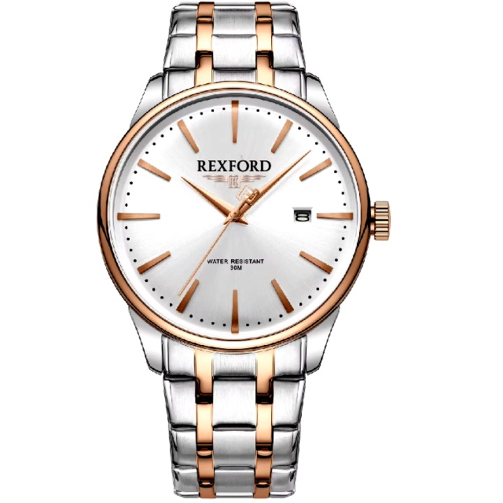 Ceas Rexford, bratara din otel, cadran bicolor, 42mm, rezistent la apa 3ATM, alb-argintiu