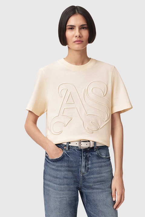 AllSaints, Тениска с овално деколте и бродирано лого, Крем