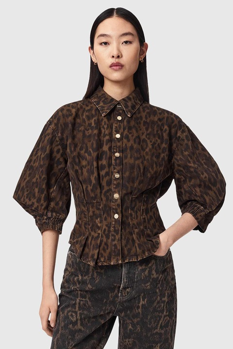 AllSaints, Camsa din amestec de lyocell cu animal print Nancy, Negru/Maro
