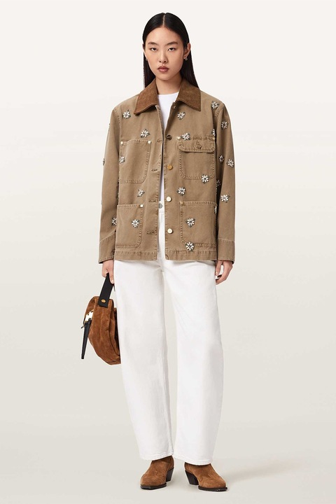 AllSaints, Jacheta cu model floral si buzunare frontale, Maro camel