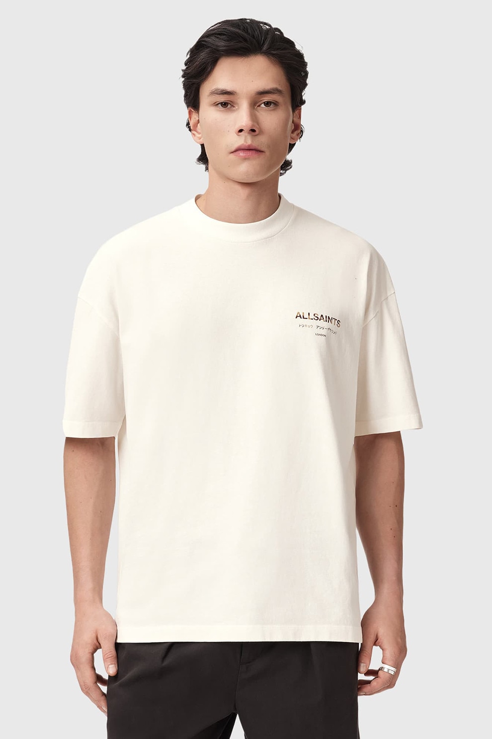 AllSaints, Tricou supradimensionat din bumbac organic cu logo Underground, Maro, Alb murdar, M