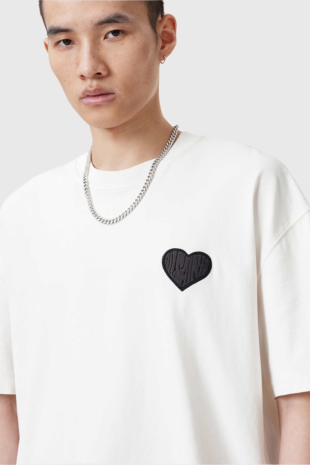 AllSaints, Tricou lejer din bumbac cu inima, Alb, Negru, XL