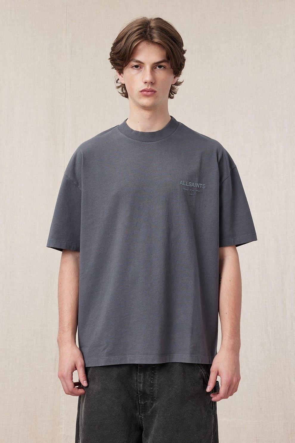 AllSaints, Tricou lejer de bumbac, Gri carbune, L