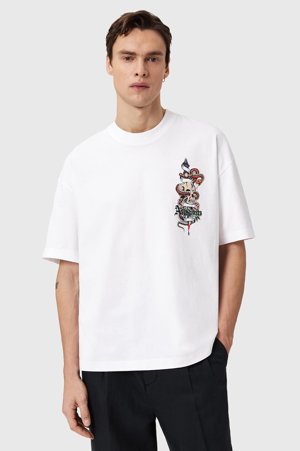 AllSaints, Tricou lejer cu model grafic, Rosu, Alb, Albastru, XL