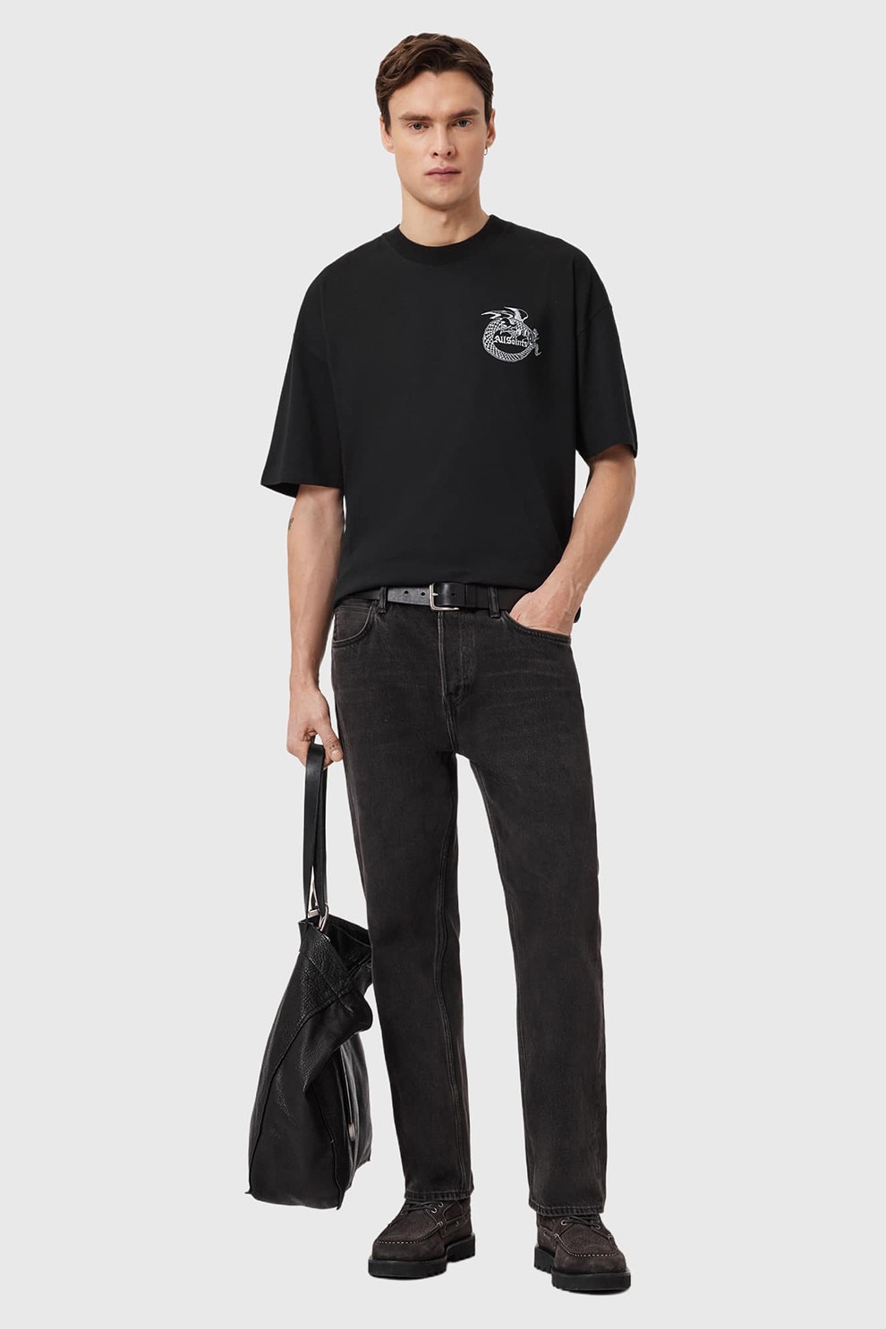 AllSaints, Tricou lejer din bumbac cu imprimeu grafic pe partea din spate, Negru, S