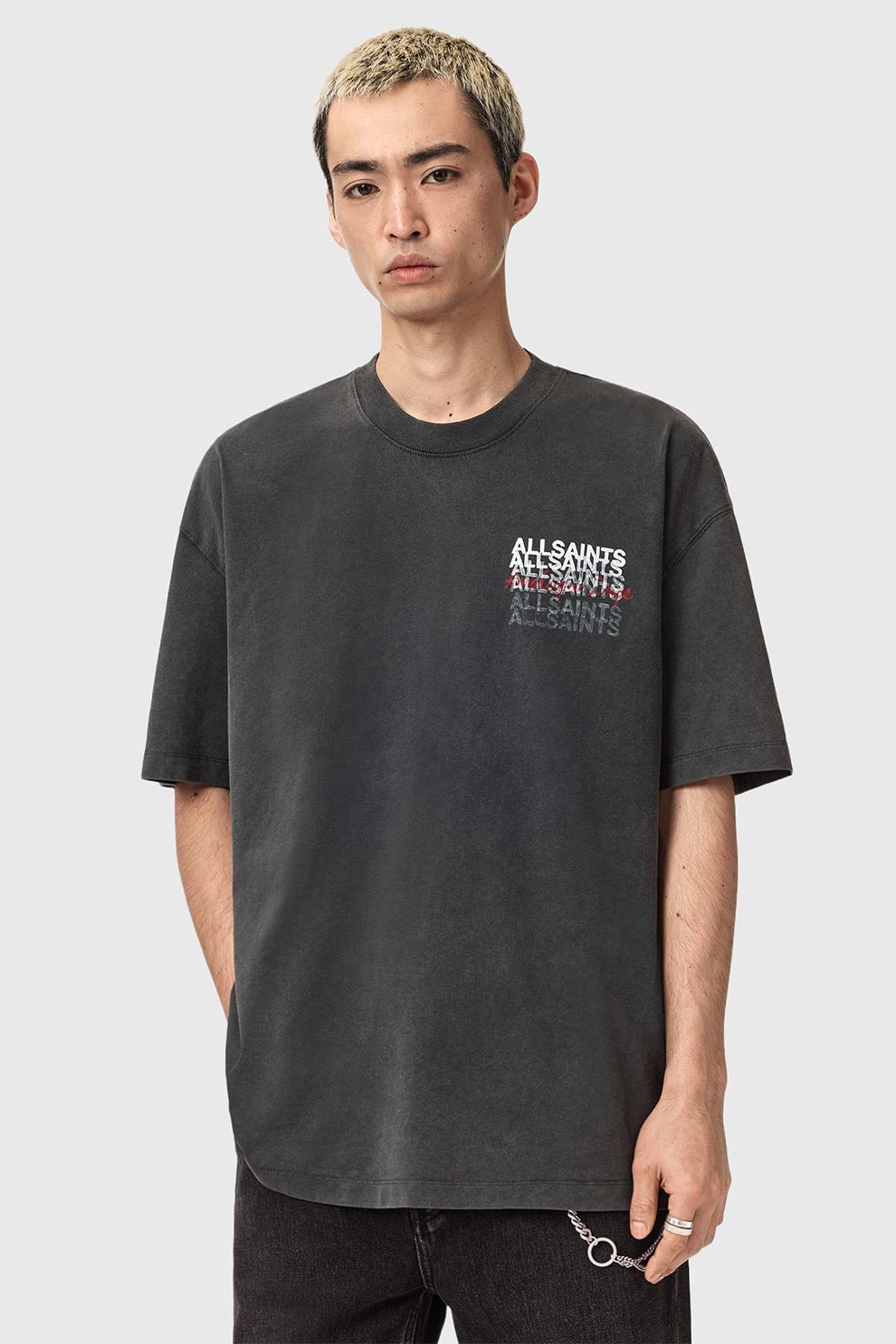 AllSaints, Tricou lejer cu imprimeu logo, Rosu, Alb, Gri inchis melange, L