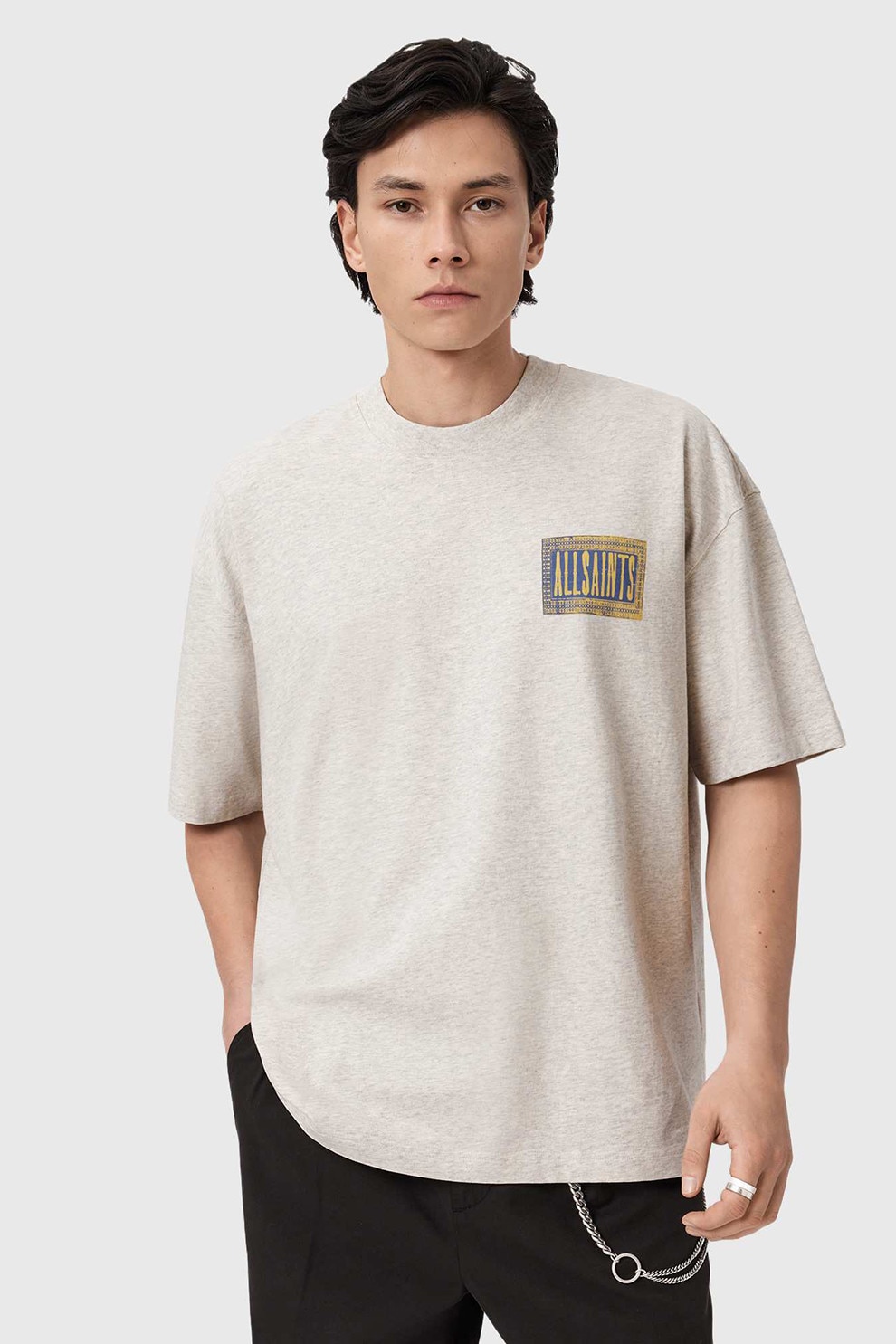 AllSaints, Tricou de bumbac cu imprimeu pe spate, Galben, Gri deschis melange, Albastru, M