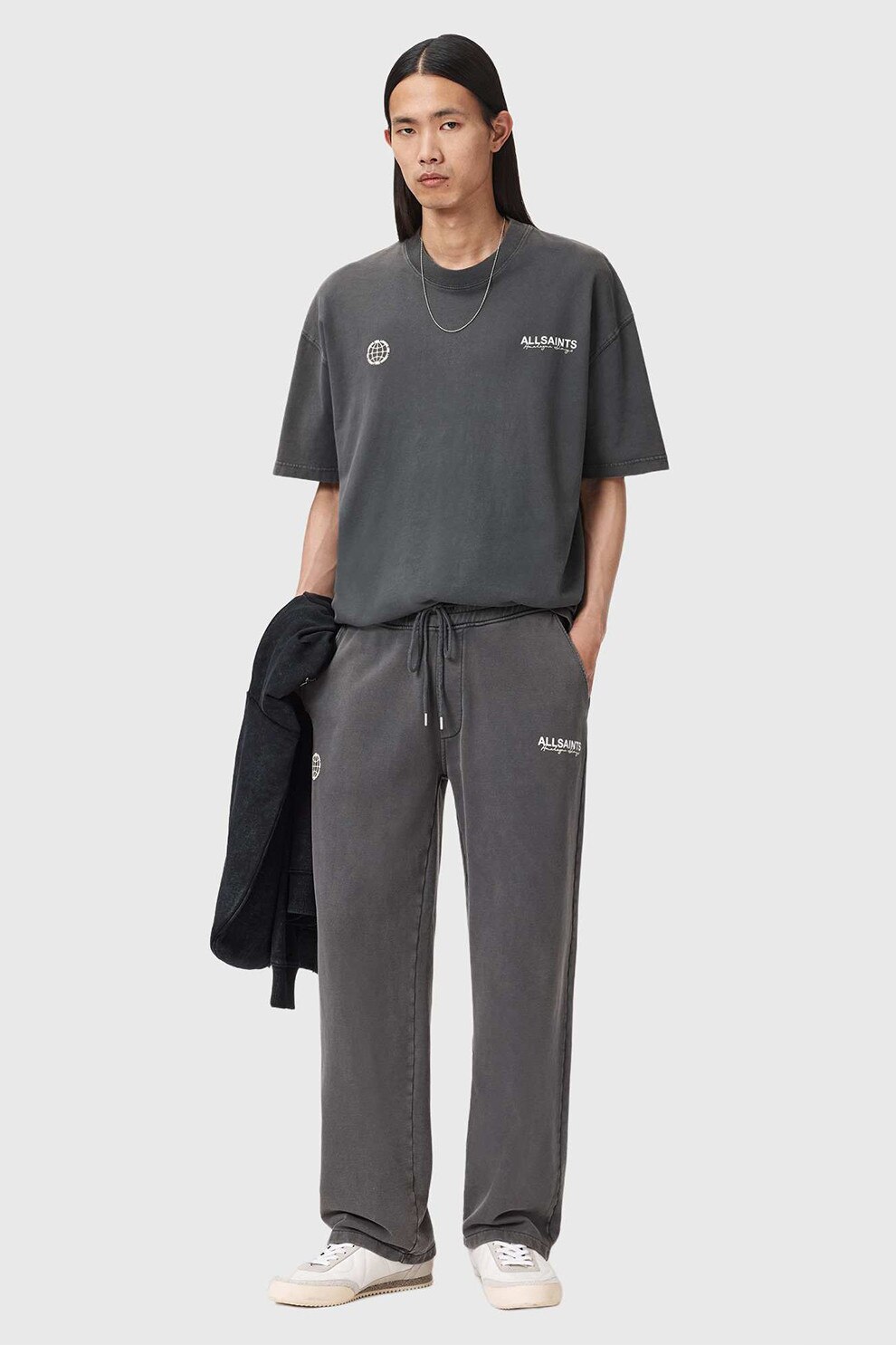 AllSaints, Tricou lejer cu imprimeu logo si maneci cazute, Gri carbune, S