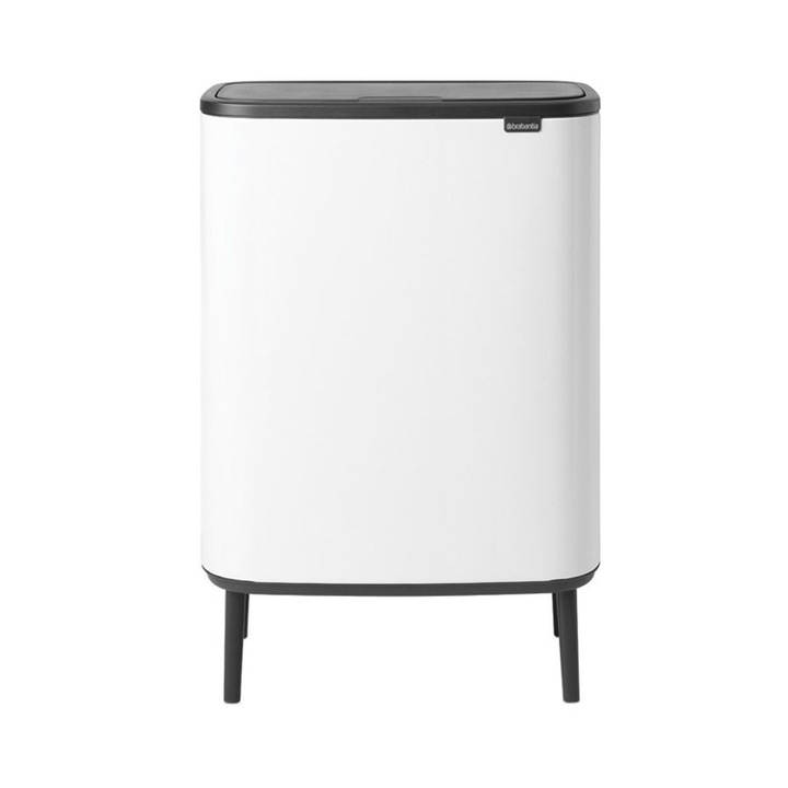 Кош за боклук с крака Brabantia, Bo Touch Bin Hi, капацитет 2 x 30 литра, 2 подвижни отделения, капак с безшумно затваряне/отваряне, материал неръждаема стомана, бял