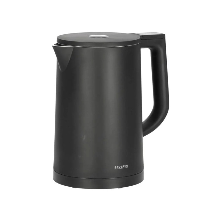 Fierbator electric apa Cool-Touch Severin, 1.7 litri, marcaje nivel apa, izolat termic, termostat ajustabil 30 - 100° C, functie mentinere la cald, fara BPA, functie Be-Silent, maner ergonomic, baza statie 360°, panou control tactil, otel, 2200 W, negru