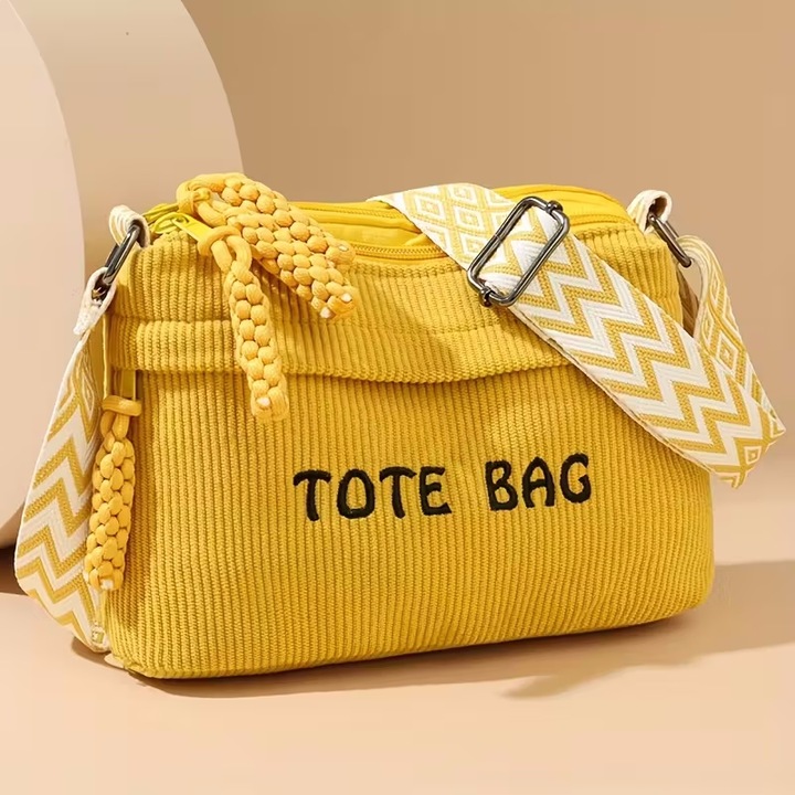 Geanta crossbody dama retro din corduroy, LUXWTB, Galben, Multi-buzunar, Capacitate mare si rezistenta, Decor spic, Umar/crossbody, Ideala pentru calatorii zilnice, excursii si cadouri de sarbatori