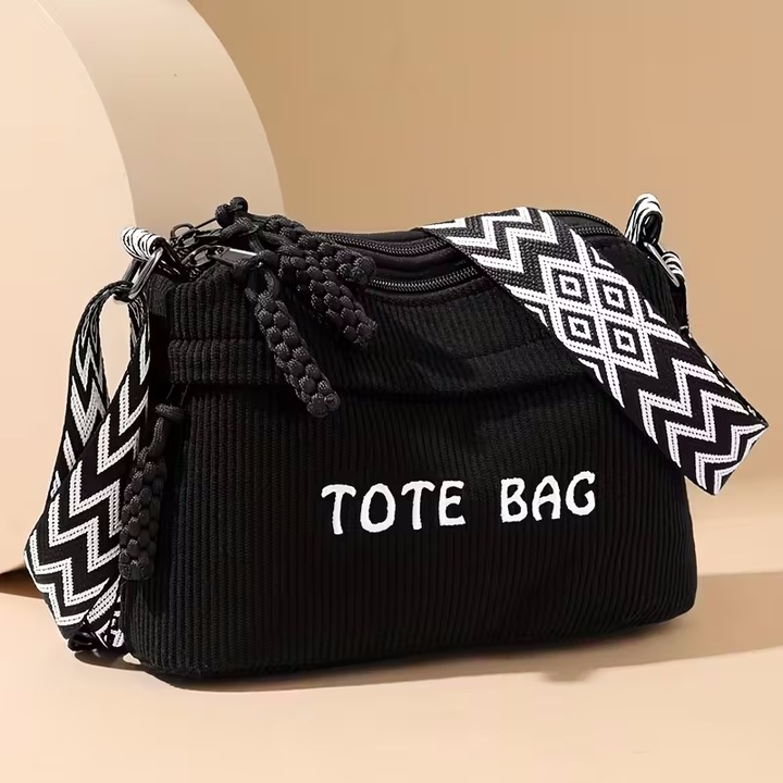 Geanta crossbody dama retro din corduroy, LUXWTB, Negru, Multi-buzunar, Capacitate mare si rezistenta, Decor spic, Umar/crossbody, Ideala pentru calatorii zilnice, excursii si cadouri de sarbatori
