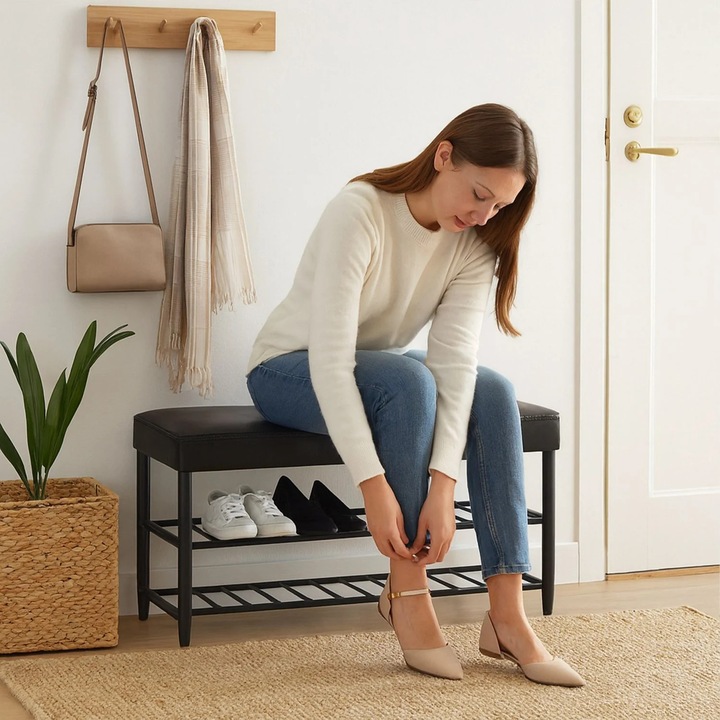 Cipőtároló pad, műbőr, 2 polc