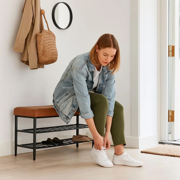 Cipőtároló pad, műbőr, 2 polc