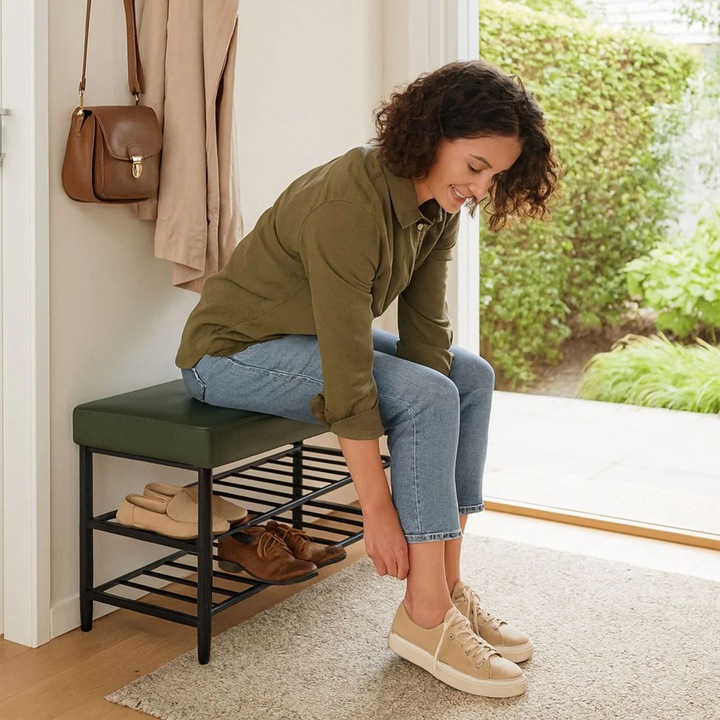 Cipőtároló pad, műbőr, 2 polcos