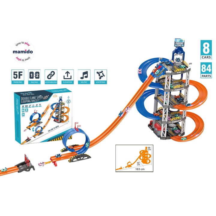Set parcari pe mai multe niveluri Mamido, 5 etaje, 8 masinute, efecte sonore, 183x68cm