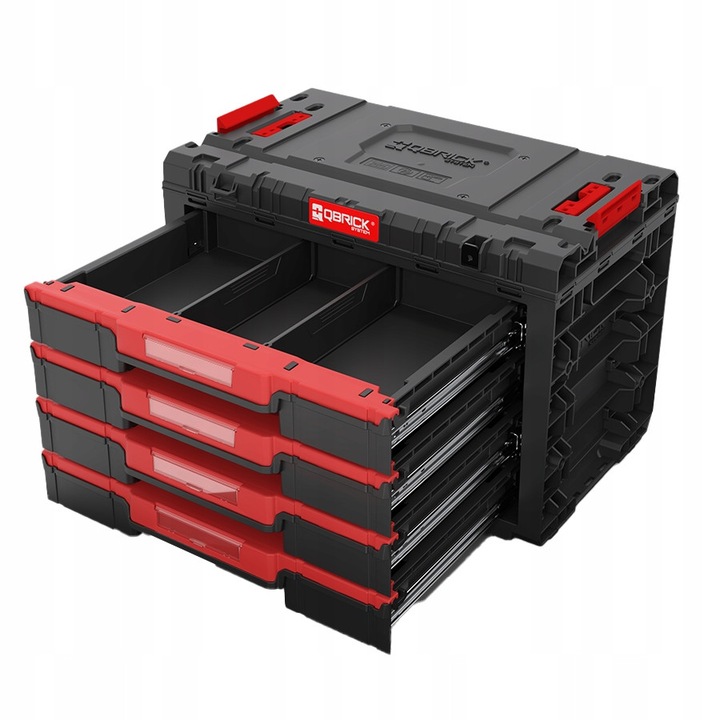 Qbrick System PRIME fiókos szerszámosláda, 4 fiók, 21.2L, 5.3L/fiók, oldalsó csatlakozók, többszínű