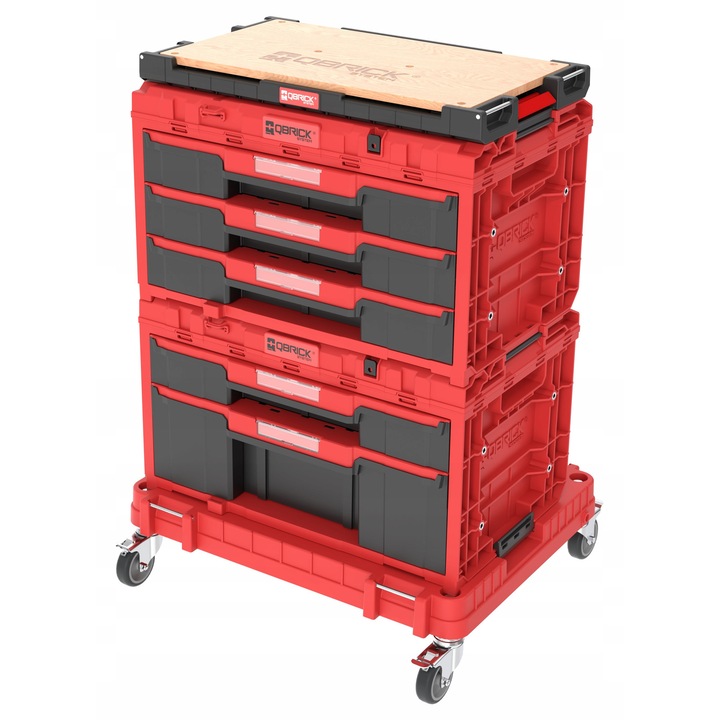 Cutie scule Qbrick System ONE 2.0, 4 sertare joase, 1 sertar inalt, roti pivotante, rosu