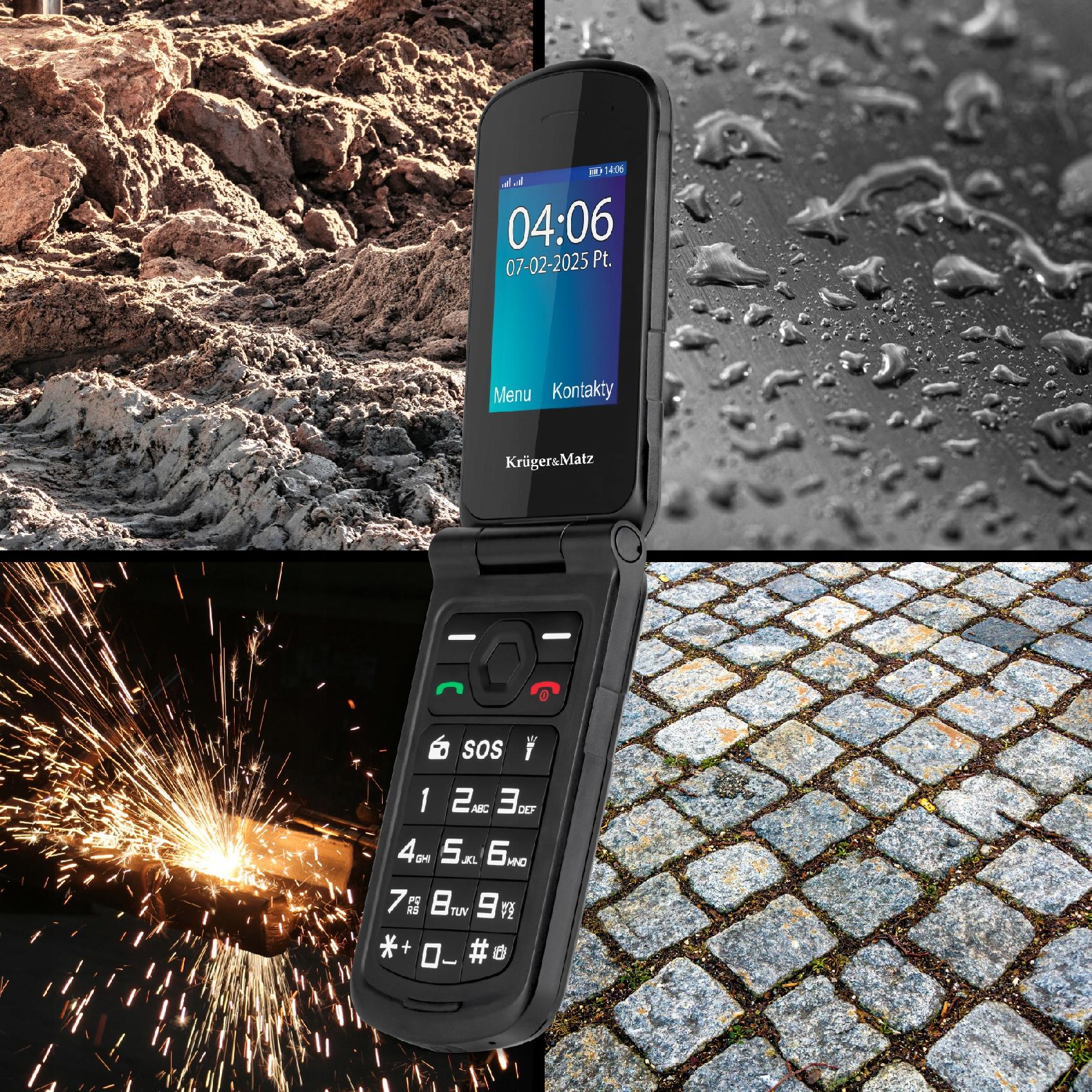 Telefon mobil Kruger&Matz Iron 5 Flip, 4G, Dual SIM, IP68, negru, 108x55x23mm
