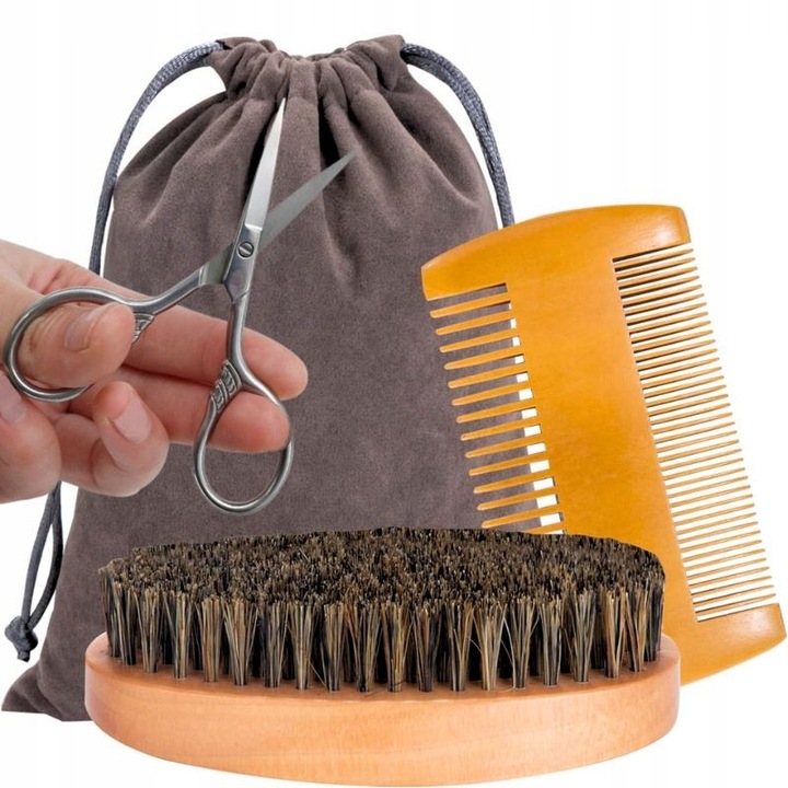 Set Profesional Îngrijire Barbă, Perie, Pieptene, Forfecută, Etui, Multicolor