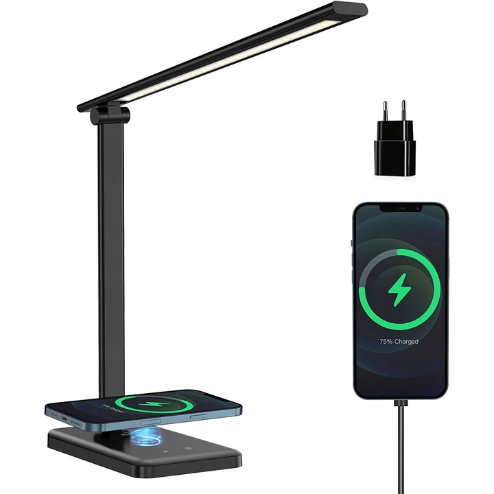 Lampa birou LED SmartLED, metalica, neagra, reglabila, incarcare wireless