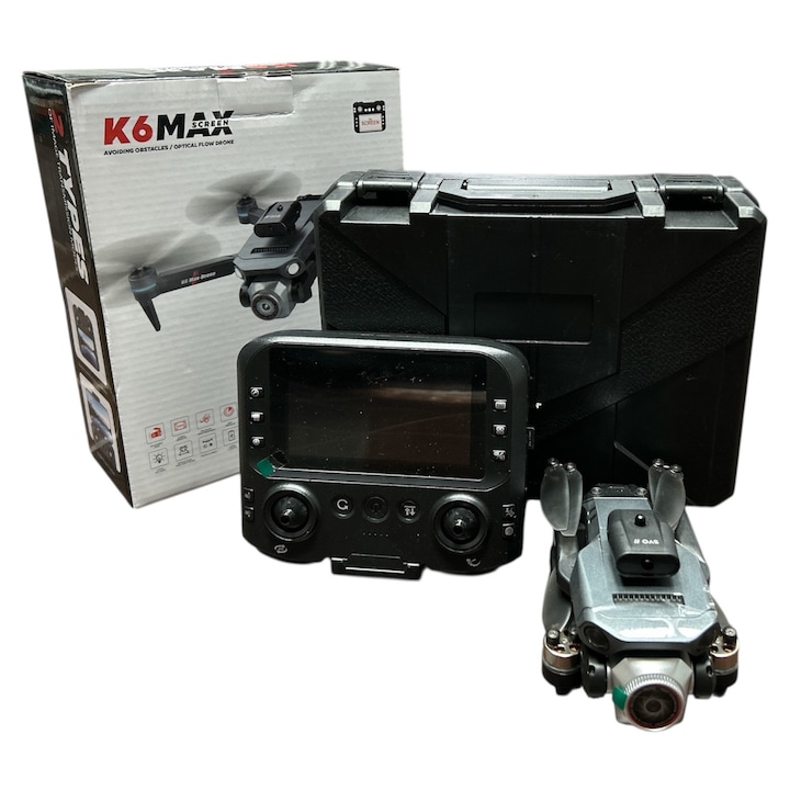 Dronă K6 Max cu cameră, telecomandă cu display, senzor evitare obstacole, pliabilă, 3.7 V, 1800 mAh, negru