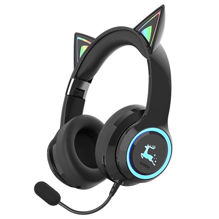 Casti KINSI pentru copii, Wireless, Bluetooth 5.3, LED RGB cu Gradient Color, ENC, Microfon conectabil, Slot Micro SD/TF, Port AUX, negru