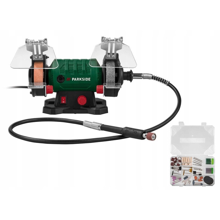 Slefuitor Banc Parkside, 120W, ax flexibil, 2 discuri 75mm, set 103 accesorii