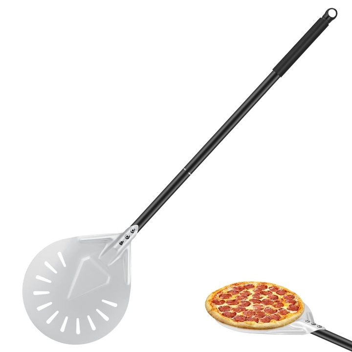 CRROEL perforált pizzalapát, 18 cm, eloxált alumínium, 52 cm fém nyél