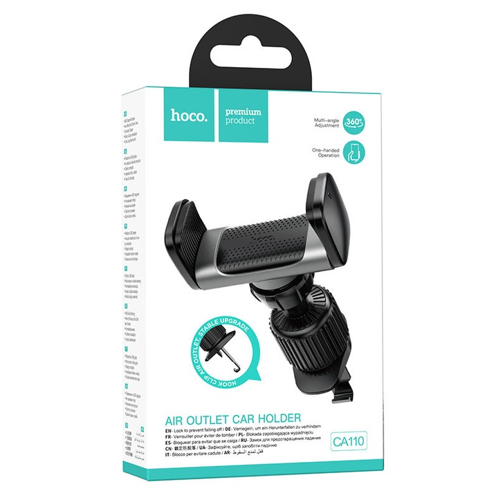 Suport Auto Hoco (CA110), cu cleme laterale, montaj Ventilatie, MultiAngle, Pull Hook, Black/Silver