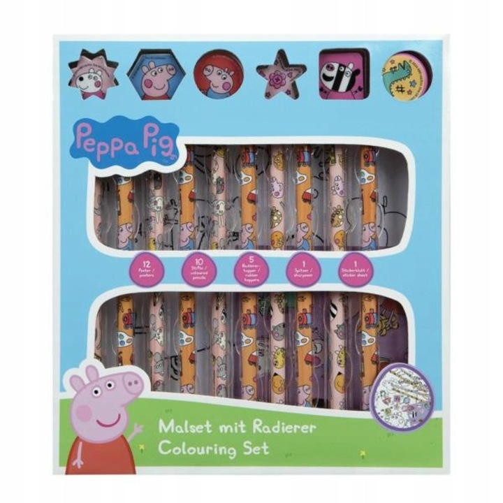 Set de Colorat cu Autocolante Purcelusa Peppa, 29 Piese, Include Creioane si Planse, Multicolor