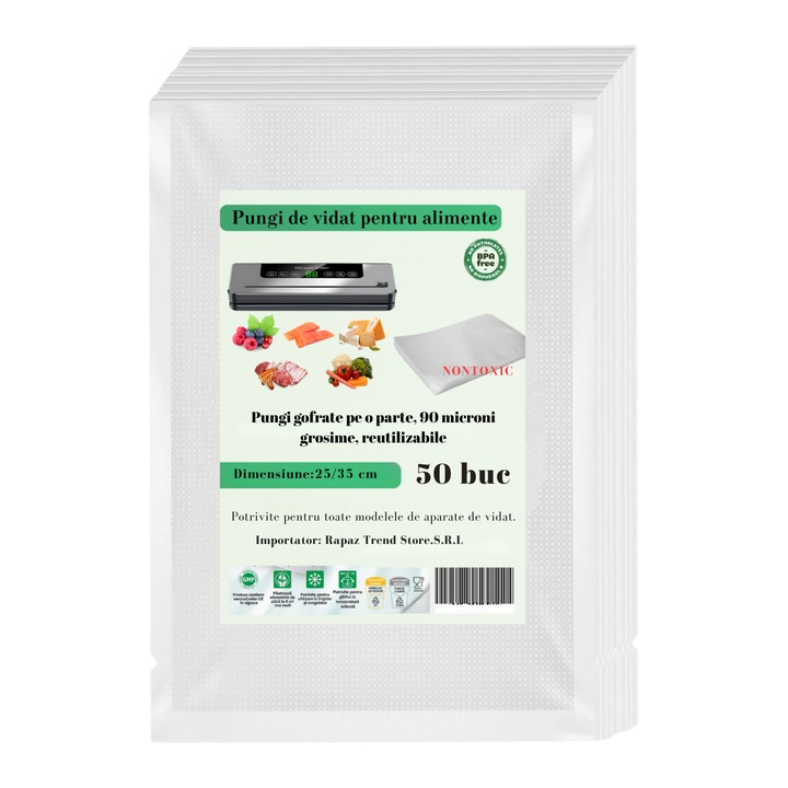 Pungi vidat alimente RAPAZ, 25 x 35 cm, 90 Microni grosime, 2 straturi, Gofrate pe o parte, 50 bucati, fara BPA, compatibile cu majoritatea aparatelor de vidat, reutilizabile, rezistente, sous vide, lavabile in masina de spalat, transparente