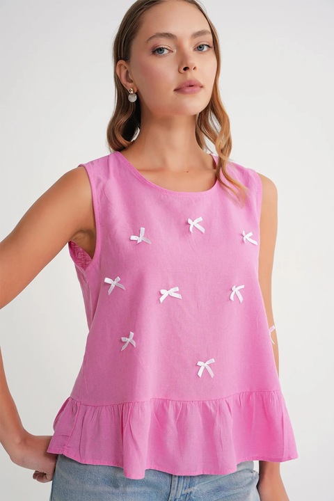 Bluza dama, Mixray, guler rotund, detaliu funda, roz pudrat, textil