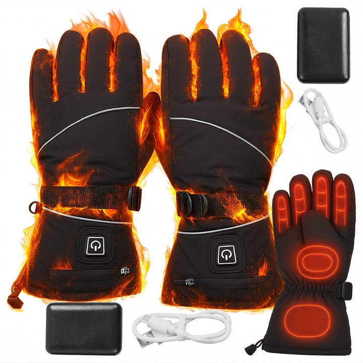 Manusi de Schi pentru Iarna, Incalzite prin Powerbank, 3 Moduri Incalzire, Termoizolare, Waterproof, Marime Universala, Negru