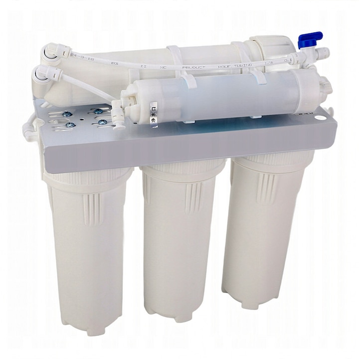 Филтър за вода, 5 степени, обратна осмоза, йонизатор, филтрираща система с кран, прецизно филтриране, капацитет 3600л, 365 × 126 × 380 мм, бял