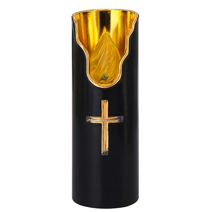 Lumanare LED cu Efect de Flacara, 15 cm, Cruce Decorativa, Baterii 2 x AA, din Plastic, Negru