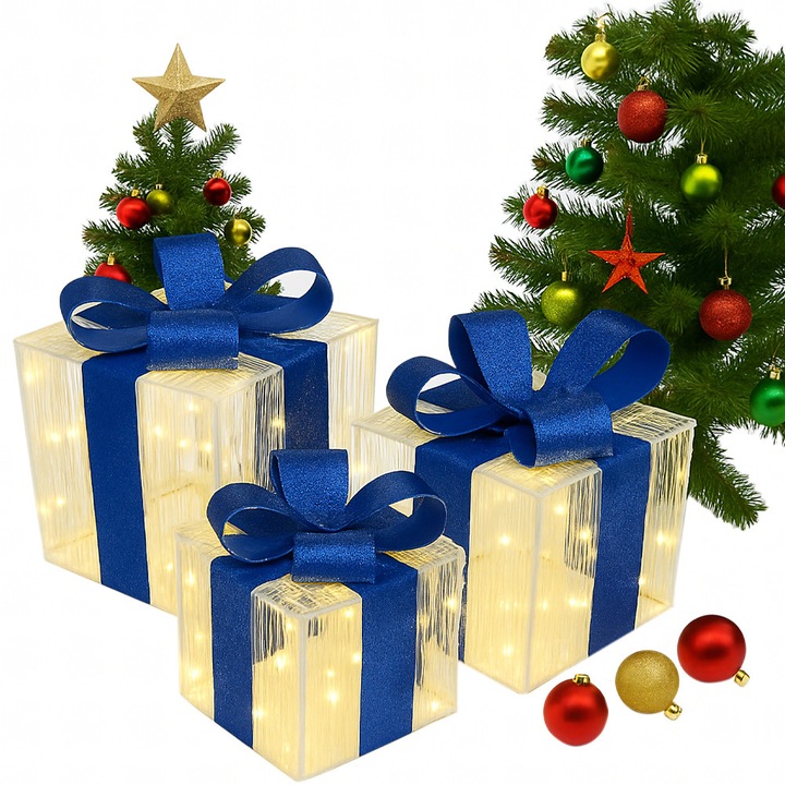 Set Decoratiuni de Craciun tip Cadou, cu Iluminare LED, 3 Dimensiuni, 50 LED-uri, Finisaj glitter. Funda eleganta, Baterii 3x AA