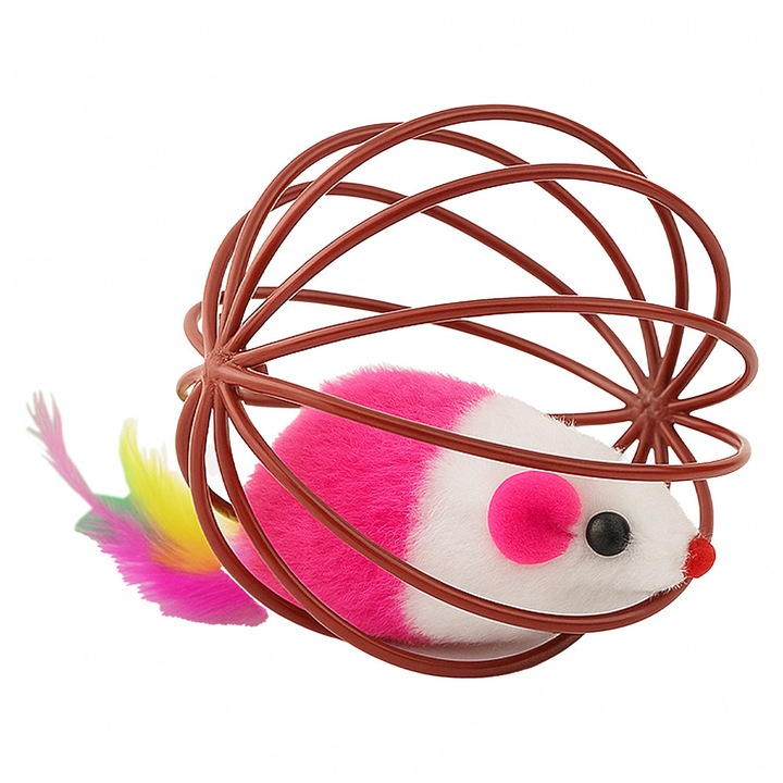 Csörgő labda macskának, interaktív játék, tollakkal, 6 cm átmérőjű, műanyag és fém egér