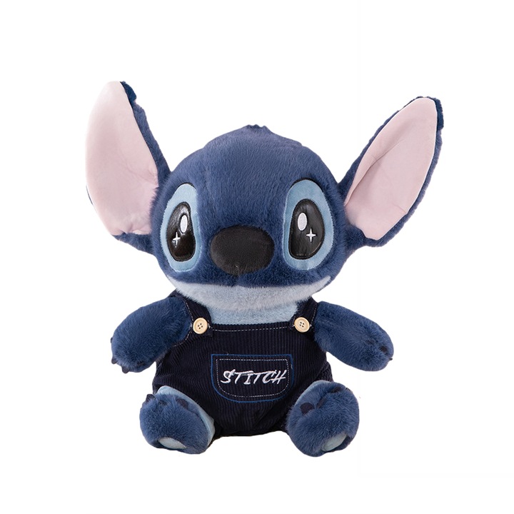 Jucarie de plus, AjieQaQ®, personaj Disney Lilo & Stitch in salopeta, blana hipoalergenica premium, umplutura fibre hollow, 30 cm, lavabila in masina, companion somn pentru copii, cadou pentru fani si colectionari