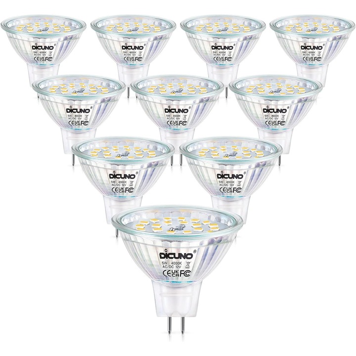 Set de 10 Becuri LED DiCUNO, GU5.3 MR16, 5W, culoare Alb Neutru 4000K, 500 LM, 12V, Unghi de Focalizare 120°