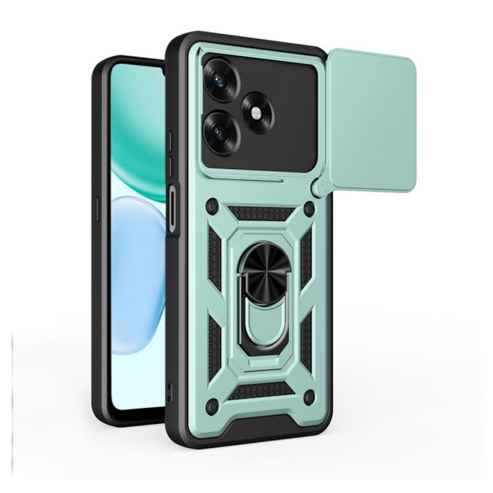 Husa Spate Upzz® Camshield Compatibila Cu Honor X5c Plus, Protectie La Camere, Inel Metalic, Stand - Verde
