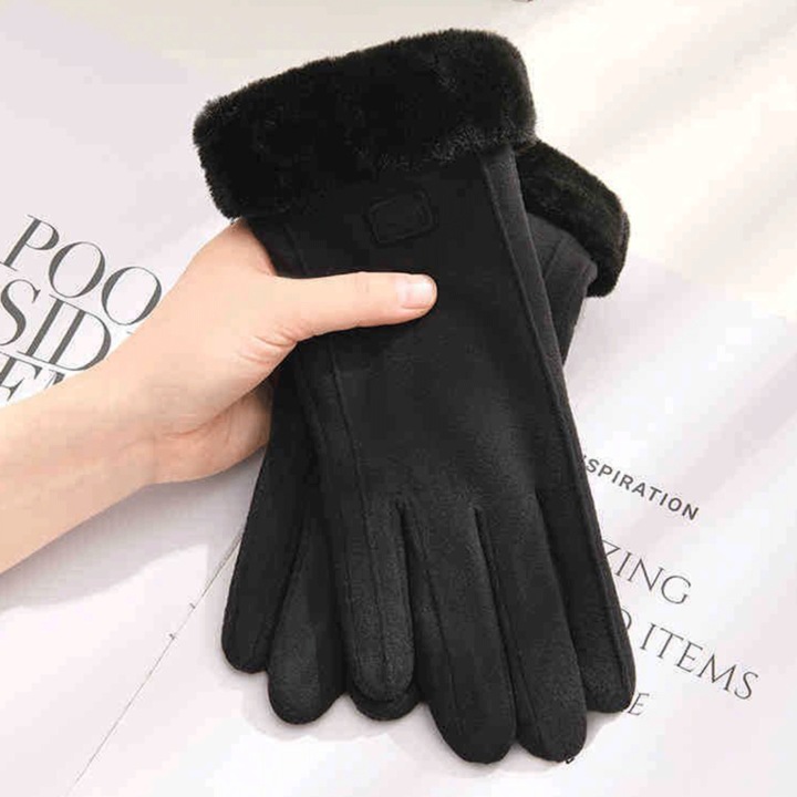 Manusi Calduroase de Dama, pentru Toamna si Iarna, din Fleece si Blanita Moale la Interior, Elegante, Marime Unica, Negre, PriStyle®