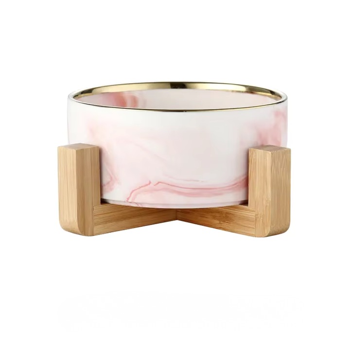 Bol Ceramic pentru Pisici si Caini, VisZone, Suport din Lemn, Anti-Inghitire Rapida, Design Marmura, Roz