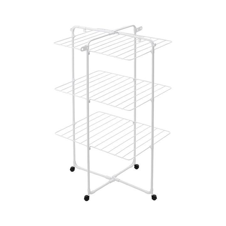 Brabantia mobil ruhatartó állvány, Hangon Tower, 126 x 76 cm, összecsukható, 3 szintes, Easy-Open rendszer, acélszerkezet, hordozható, 23 méter szárítási kapacitás, kerekekkel, praktikus és elegáns design, fehér