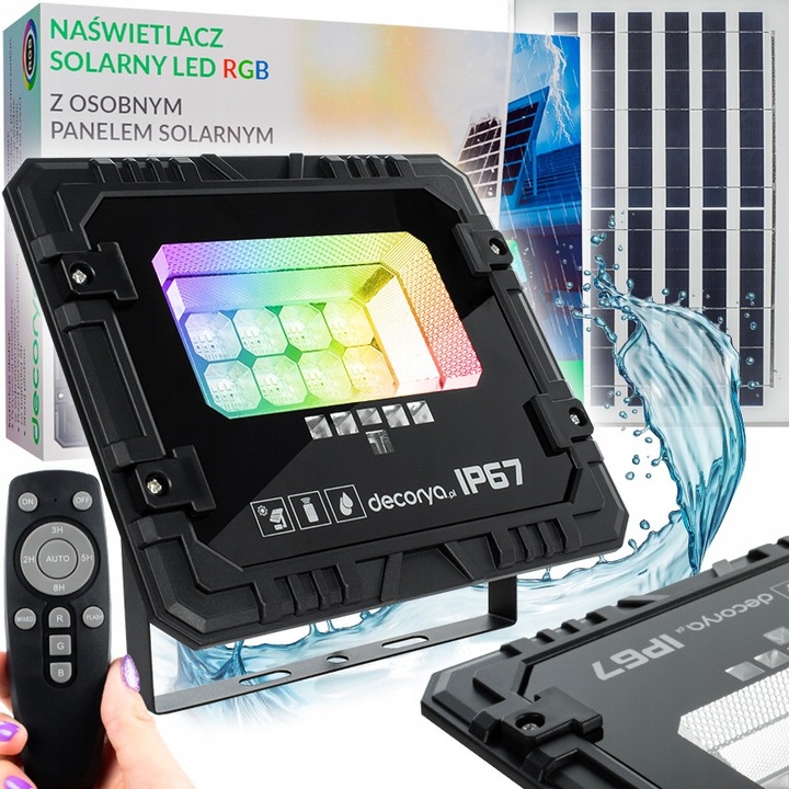 Reflector solar LED RGB 60W cu senzor de crepuscul și telecomandă, rezistent la apă IP67, 4800lm, cablu 4.5m