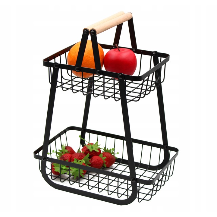 Поставка за плодове на 2 нива Brunbeste, черен метал, дървена дръжка, 27x17x35см