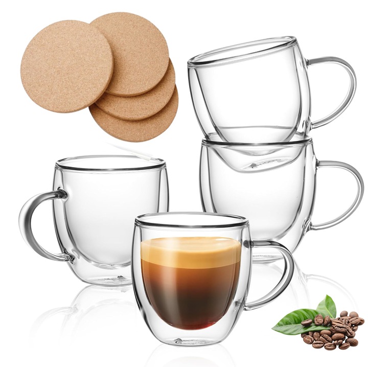 Set 4 pahare cu pereti dubli cu maner 150 ml, din sticla borosilicata premium termorezistenta, design modern, cana transparent cafea, cappuccino, ceai, 4 suporturi din pluta inclus, Ideas4Comfort, transparent